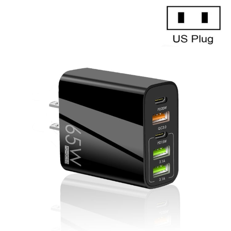 65W Dual PD Type-C + 3 x USB Multi Port Charger for Phone and Tablet PC, US Plug(Black) - USB Charger by PMC Jewellery | Online Shopping South Africa | PMC Jewellery | Buy Now Pay Later Mobicred