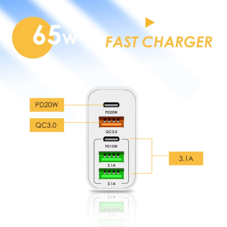 65W Dual PD Type-C + 3 x USB Multi Port Charger for Phone and Tablet PC, US Plug(Black) - USB Charger by PMC Jewellery | Online Shopping South Africa | PMC Jewellery | Buy Now Pay Later Mobicred