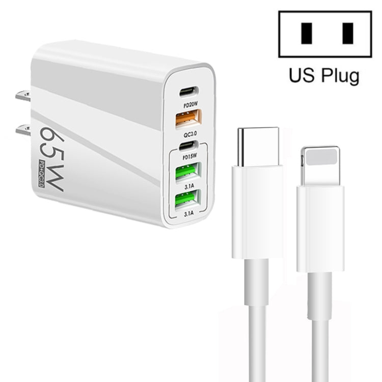 65W Dual PD Type-C + 3 x USB Multi Port Charger with 3A Type-C to 8 Pin Data Cable, US Plug(White) - USB Charger by PMC Jewellery | Online Shopping South Africa | PMC Jewellery | Buy Now Pay Later Mobicred