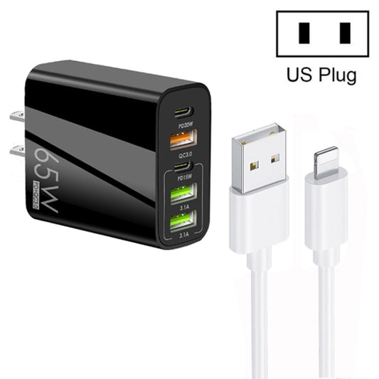 65W Dual PD Type-C + 3 x USB Multi Port Charger with 3A USB to 8 Pin Data Cable, US Plug(Black) - USB Charger by PMC Jewellery | Online Shopping South Africa | PMC Jewellery | Buy Now Pay Later Mobicred