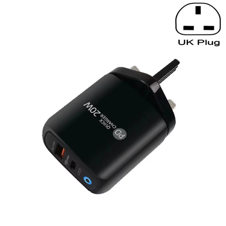 PD04 PD20W Type-C + QC18W USB Mobile Phone Charger with LED Indicator, UK Plug(Black) - USB Charger by PMC Jewellery | Online Shopping South Africa | PMC Jewellery | Buy Now Pay Later Mobicred