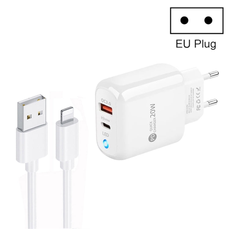 PD04 Type-C + USB Mobile Phone Charger with USB to 8 Pin Cable, EU Plug(White) - USB Charger by PMC Jewellery | Online Shopping South Africa | PMC Jewellery | Buy Now Pay Later Mobicred