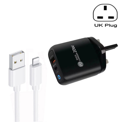 PD04 Type-C + USB Mobile Phone Charger with USB to 8 Pin Cable, UK Plug(Black) - USB Charger by PMC Jewellery | Online Shopping South Africa | PMC Jewellery | Buy Now Pay Later Mobicred