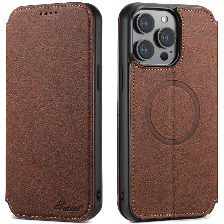 For iPhone 13 Suteni J06 Retro Matte Litchi Texture Leather Magnetic Magsafe Phone Case(Brown) - iPhone 13 Cases by Suteni | Online Shopping South Africa | PMC Jewellery | Buy Now Pay Later Mobicred