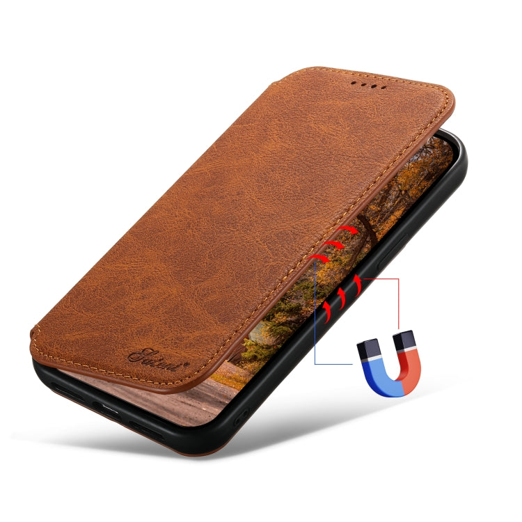 For iPhone 14 Suteni J06 Retro Matte Litchi Texture Leather Magnetic Magsafe Phone Case(Khaki) - iPhone 14 Cases by Suteni | Online Shopping South Africa | PMC Jewellery | Buy Now Pay Later Mobicred