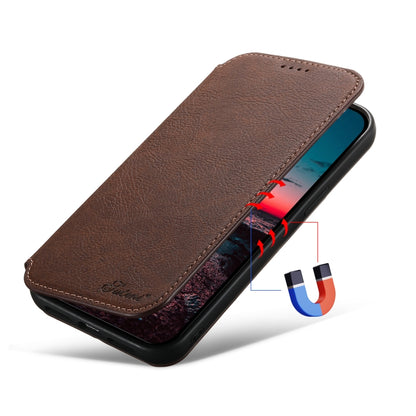 For iPhone 14 Pro Suteni J06 Retro Matte Litchi Texture Leather Magnetic Magsafe Phone Case(Brown) - iPhone 14 Pro Cases by Suteni | Online Shopping South Africa | PMC Jewellery | Buy Now Pay Later Mobicred