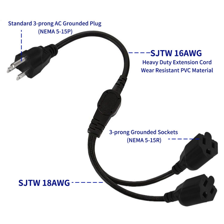 JUNSUNMAY US 1.6FT NEMA 5-15P 1 to 2 Way Outlet NEMA 5-15R SJT 16AWG 3 Prong Power Cable Wire Extender - Power Cord by JUNSUNMAY | Online Shopping South Africa | PMC Jewellery | Buy Now Pay Later Mobicred