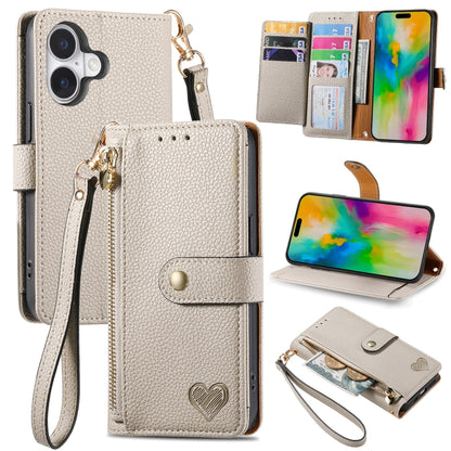 For iPhone 16 Love Zipper Lanyard Leather Phone Case(Gray) - iPhone 16 Cases by PMC Jewellery | Online Shopping South Africa | PMC Jewellery | Buy Now Pay Later Mobicred