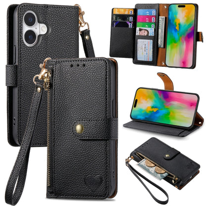 For iPhone 16 Plus Love Zipper Lanyard Leather Phone Case(Black) - iPhone 16 Plus Cases by PMC Jewellery | Online Shopping South Africa | PMC Jewellery | Buy Now Pay Later Mobicred