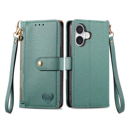 For iPhone 16 Pro Love Zipper Lanyard Leather Phone Case(Green) - iPhone 16 Pro Cases by PMC Jewellery | Online Shopping South Africa | PMC Jewellery | Buy Now Pay Later Mobicred