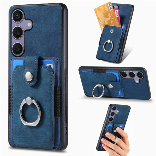 For Samsung Galaxy S25 5G Retro Skin-feel Ring Card Wallet Phone Case(Blue) - Galaxy S25 5G Cases by PMC Jewellery | Online Shopping South Africa | PMC Jewellery | Buy Now Pay Later Mobicred