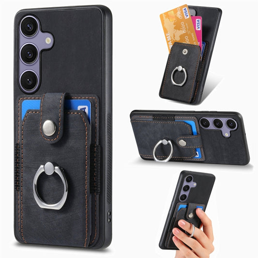 For Samsung Galaxy S25 Ultra 5G Retro Skin-feel Ring Card Wallet Phone Case(Black) - Galaxy S25 Ultra 5G Cases by PMC Jewellery | Online Shopping South Africa | PMC Jewellery | Buy Now Pay Later Mobicred