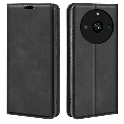 For Realme 11 Retro-skin Magnetic Suction Leather Phone Case(Black) - Realme Cases by PMC Jewellery | Online Shopping South Africa | PMC Jewellery | Buy Now Pay Later Mobicred