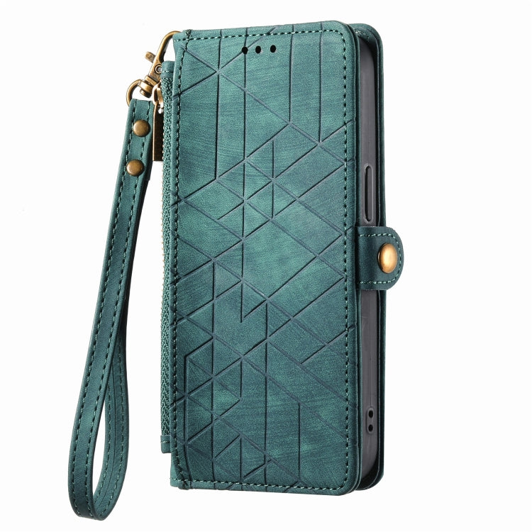 For iPhone 14 Pro Geometric Zipper Wallet Side Buckle Leather Phone Case(Green) - free shipping - PMC TechLife - Order now!