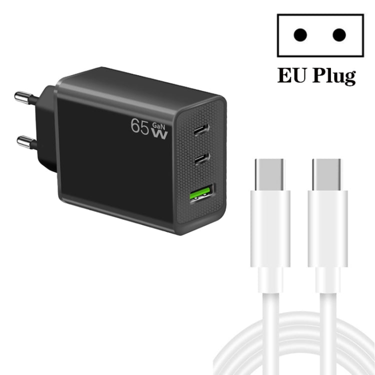 GaN PD65W Type-C x 2 + USB3.0 Charger with Type-C to Type-C Data Cable ,EU Plug(Black) - USB Charger by PMC Jewellery | Online Shopping South Africa | PMC Jewellery | Buy Now Pay Later Mobicred