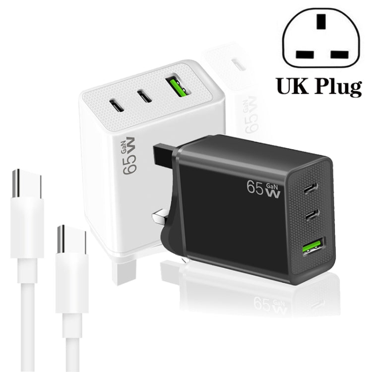 GaN PD65W Type-C x 2 + USB3.0 Charger with Type-C to Type-C Data Cable ,UK Plug(Black) - USB Charger by PMC Jewellery | Online Shopping South Africa | PMC Jewellery | Buy Now Pay Later Mobicred