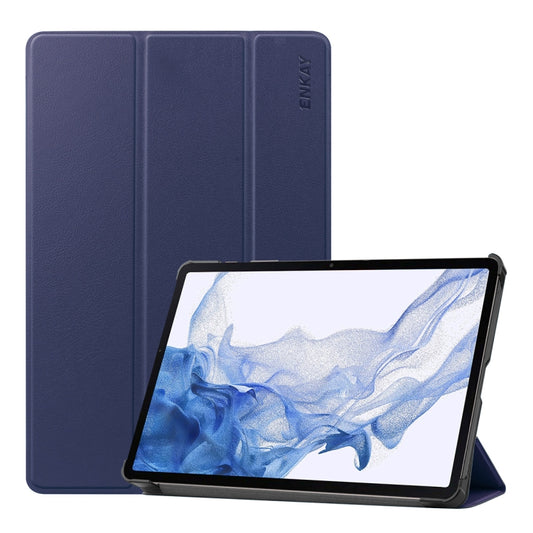 For Samsung Galaxy Tab S9 ENKAY Tri-fold Custer Texture Leather Smart Tablet Case(Dark Blue) - Galaxy Tab S9 Cases by ENKAY | Online Shopping South Africa | PMC Jewellery | Buy Now Pay Later Mobicred