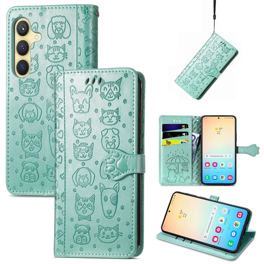 For Samsung Galaxy S25 5G Cat and Dog Embossed Leather Phone Case(Green) - Galaxy S25 5G Cases by PMC Jewellery | Online Shopping South Africa | PMC Jewellery | Buy Now Pay Later Mobicred