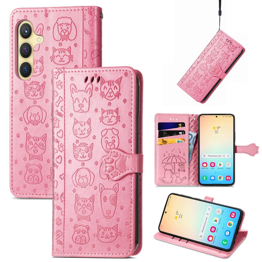 For Samsung Galaxy S25+ 5G Cat and Dog Embossed Leather Phone Case(Pink) - Galaxy S25+ 5G Cases by PMC Jewellery | Online Shopping South Africa | PMC Jewellery | Buy Now Pay Later Mobicred