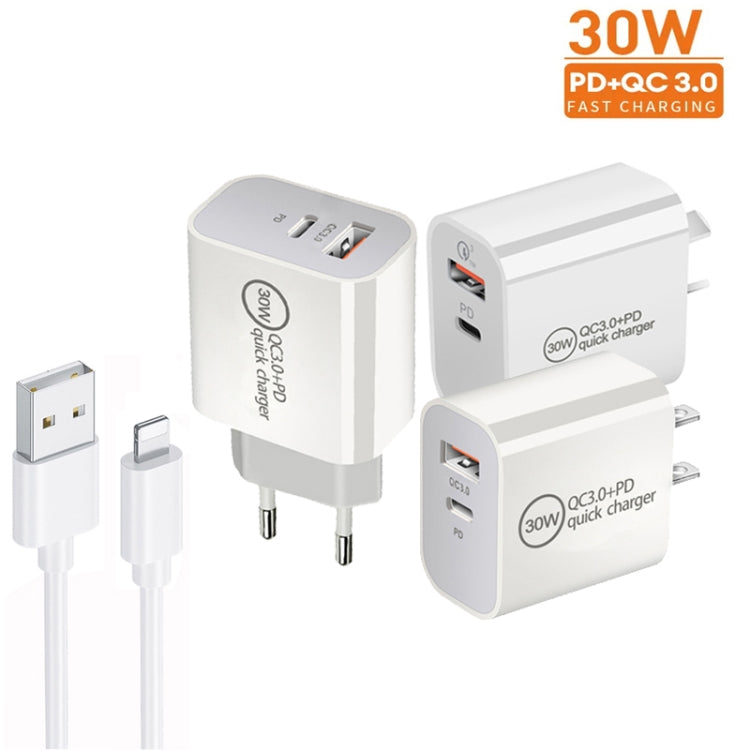 PD30W USB-C / Type-C + QC3.0 USB Dual Port Charger with 1m USB to 8 Pin Data Cable, EU Plug - USB Charger by PMC Jewellery | Online Shopping South Africa | PMC Jewellery | Buy Now Pay Later Mobicred