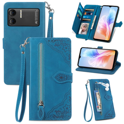 For DOOGEE X98 Pro / X98 Embossed Flower Zipper Leather Phone Case(Blue) - Doogee Cases by PMC Jewellery | Online Shopping South Africa | PMC Jewellery | Buy Now Pay Later Mobicred