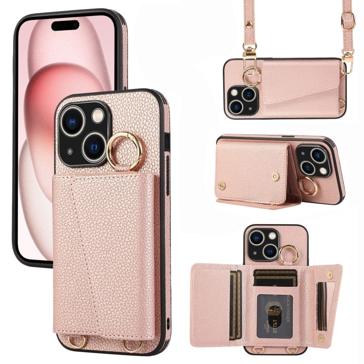 For iPhone 15 Crossbody Ring Wallet Leather Back Cover Phone Case(Pink) - iPhone 15 Cases by PMC Jewellery | Online Shopping South Africa | PMC Jewellery