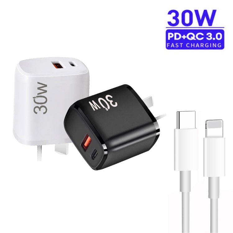 PD30W USB-C / Type-C + QC3.0 USB Charger with 1m Type-C to 8 Pin Data Cable, AU Plug(Black) - USB Charger by PMC Jewellery | Online Shopping South Africa | PMC Jewellery | Buy Now Pay Later Mobicred