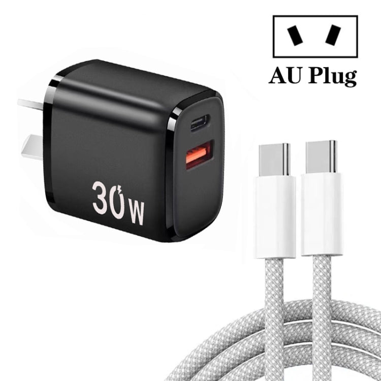 PD30W USB-C / Type-C + QC3.0 USB Charger with 1m Type-C to Type-C Data Cable, AU Plug(Black) - USB Charger by PMC TechLife | Online Shopping South Africa | PMC TechLife | Buy Now Pay Later Mobicred
