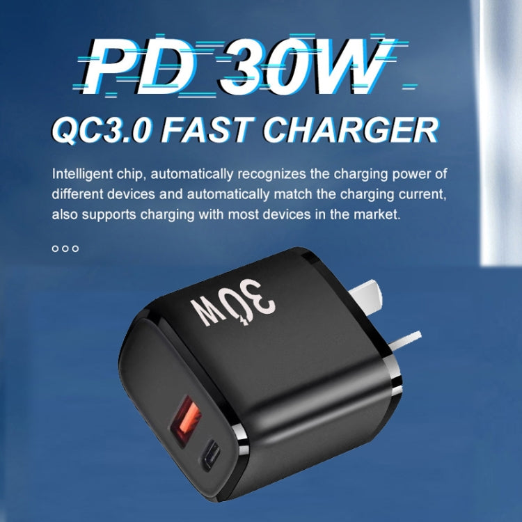 PD30W USB-C / Type-C + QC3.0 USB Charger with 1m Type-C to Type-C Data Cable, AU Plug(Black) - USB Charger by PMC TechLife | Online Shopping South Africa | PMC TechLife | Buy Now Pay Later Mobicred
