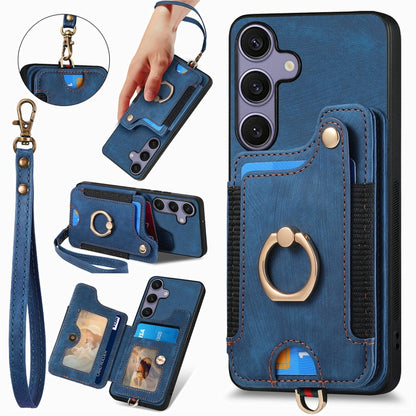 For Samsung Galaxy S25 5G Retro Skin-feel Ring Multi-card Wallet Phone Case(Blue) - Galaxy S25 5G Cases by PMC Jewellery | Online Shopping South Africa | PMC Jewellery | Buy Now Pay Later Mobicred