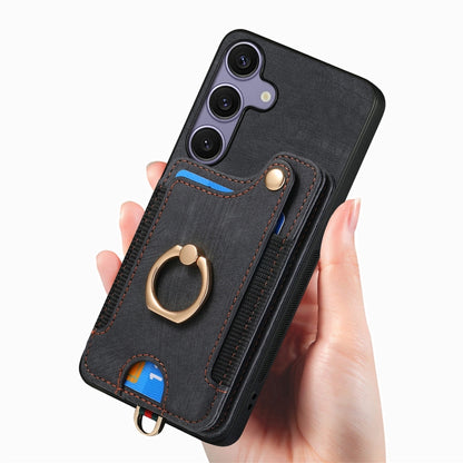 For Samsung Galaxy S25+ 5G Retro Skin-feel Ring Multi-card Wallet Phone Case(Black) - Galaxy S25+ 5G Cases by PMC Jewellery | Online Shopping South Africa | PMC Jewellery | Buy Now Pay Later Mobicred