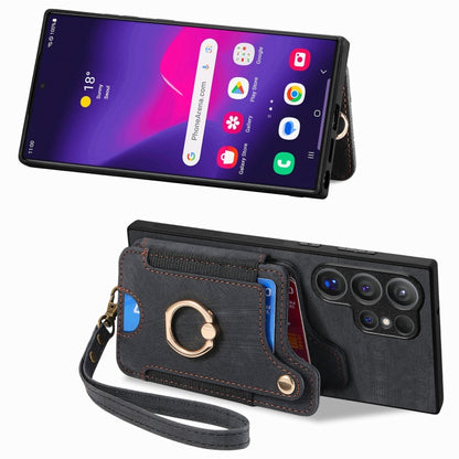 For Samsung Galaxy S25 Ultra 5G Retro Skin-feel Ring Multi-card Wallet Phone Case(Black) - Galaxy S25 Ultra 5G Cases by PMC Jewellery | Online Shopping South Africa | PMC Jewellery | Buy Now Pay Later Mobicred