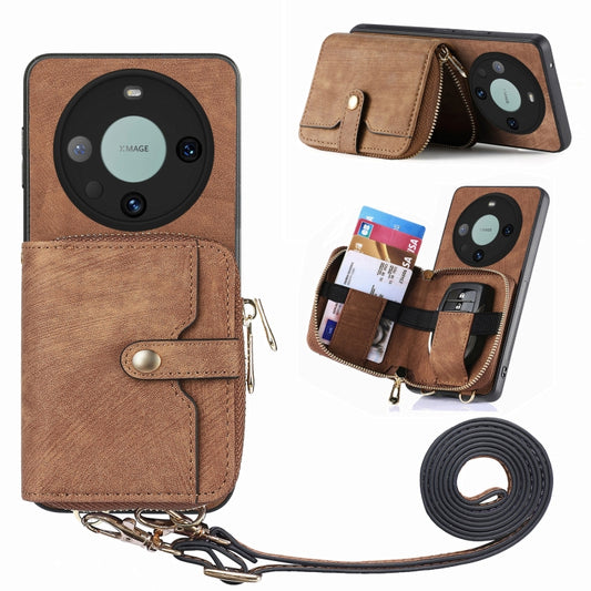 For Huawei Mate 60 Pro Crossbody Multi-function Zipper Wallet Phone Case(Brown) - Huawei Cases by PMC Jewellery | Online Shopping South Africa | PMC Jewellery | Buy Now Pay Later Mobicred