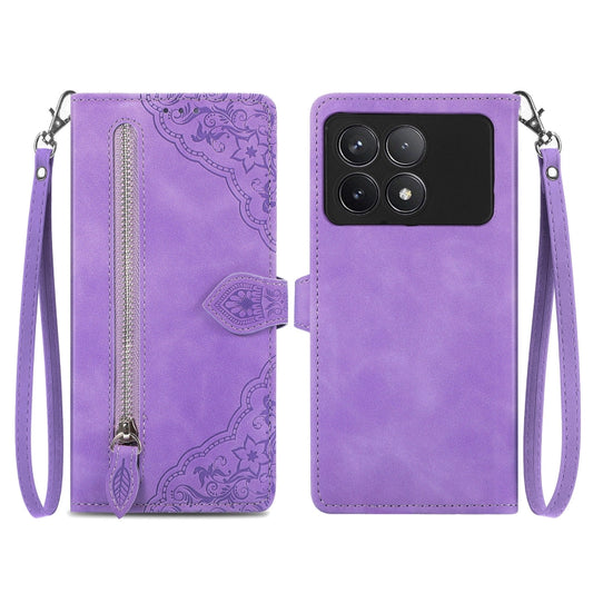 For Xiaomi Redmi K70 Embossed Flower Zipper Leather Phone Case(Purple) - K70 Cases by PMC Jewellery | Online Shopping South Africa | PMC Jewellery | Buy Now Pay Later Mobicred