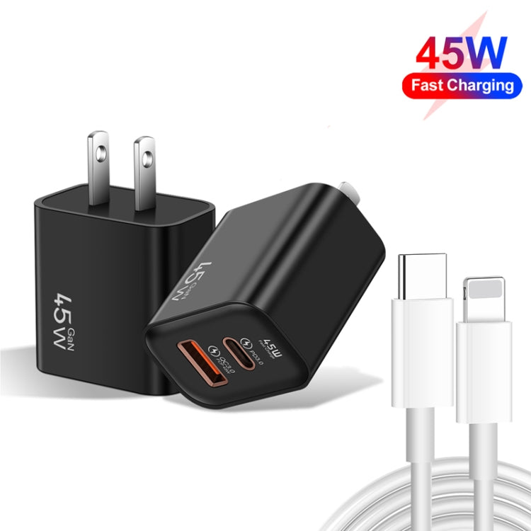 45PQ 45W PD25W + QC3.0 20W USB Super Fast Charger with Type-C to 8 Pin Cable, US Plug(Black) - USB Charger by PMC Jewellery | Online Shopping South Africa | PMC Jewellery | Buy Now Pay Later Mobicred