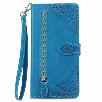 For Motorola Moto G Power 5G 2024 Embossed Flower Zipper Leather Phone Case(Blue) - Motorola Cases by PMC Jewellery | Online Shopping South Africa | PMC Jewellery | Buy Now Pay Later Mobicred