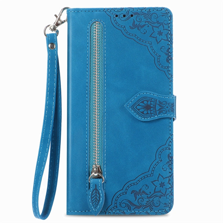 For Motorola Edge 2024 Embossed Flower Zipper Leather Phone Case(Blue) - Motorola Cases by PMC Jewellery | Online Shopping South Africa | PMC Jewellery | Buy Now Pay Later Mobicred