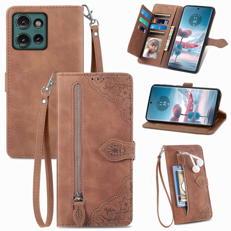 For Motorola Edge 2024 Embossed Flower Zipper Leather Phone Case(Brown) - Motorola Cases by PMC Jewellery | Online Shopping South Africa | PMC Jewellery | Buy Now Pay Later Mobicred