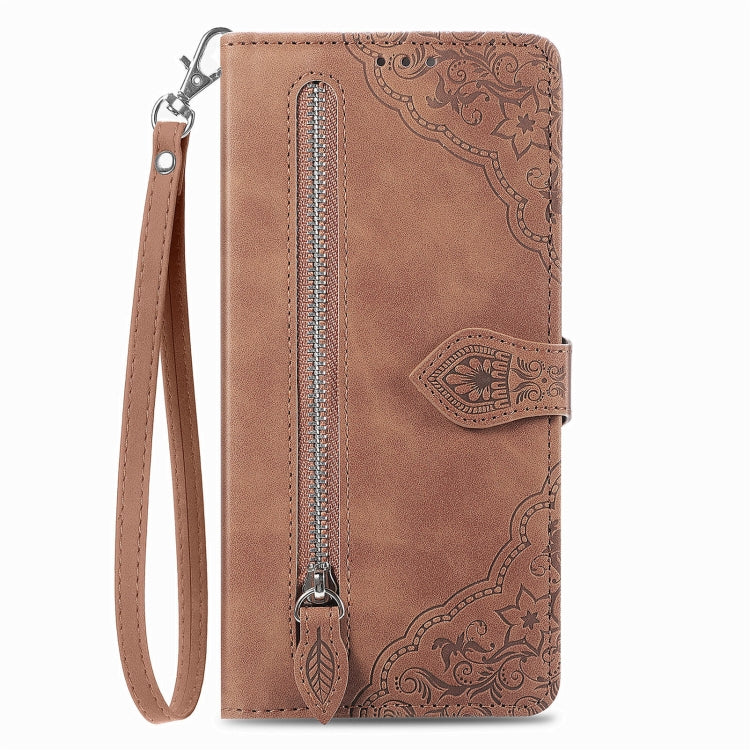 For Motorola Edge 2024 Embossed Flower Zipper Leather Phone Case(Brown) - Motorola Cases by PMC Jewellery | Online Shopping South Africa | PMC Jewellery | Buy Now Pay Later Mobicred