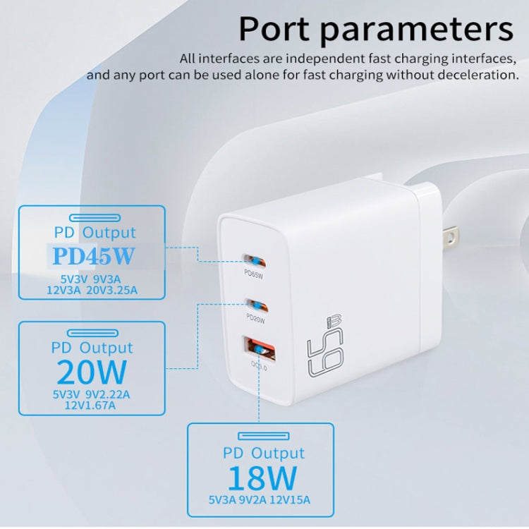 GAN 65W PD45W Dual Type-C+QC3.0 USB Multi Compatible Laptop Adapter EU + US + AU + UK Plug White - Power Supply by PMC Jewellery | Online Shopping South Africa | PMC Jewellery | Buy Now Pay Later Mobicred