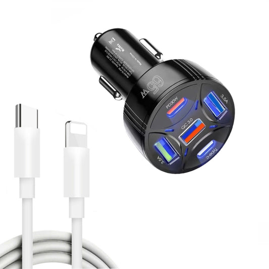 TE-P50 65W PD30W Type-C x 2 + USB x 3 Multi Port Car Charger with 1m Type-C to 8 Pin Data Cable(Black) - Car Charger by PMC Jewellery | Online Shopping South Africa | PMC Jewellery | Buy Now Pay Later Mobicred