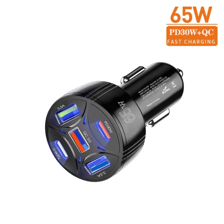 TE-P50 65W PD30W Type-C x 2 + USB x 3 Multi Port Car Charger with 1m Type-C to Type-C Data Cable(Black) - Car Charger by PMC Jewellery | Online Shopping South Africa | PMC Jewellery | Buy Now Pay Later Mobicred