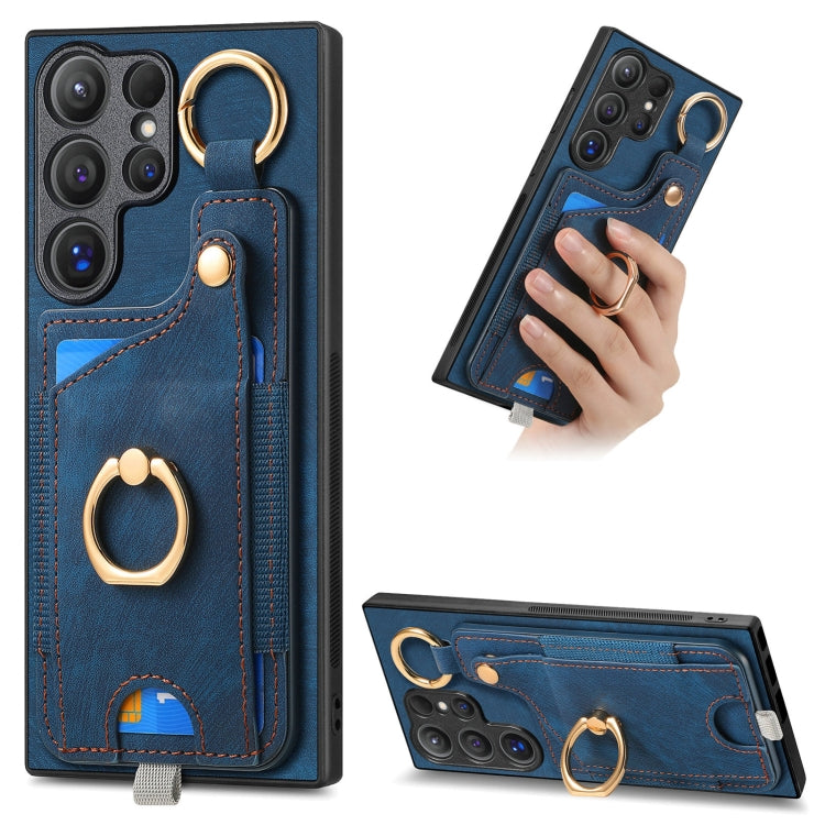 For Samsung Galaxy S24 Ultra 5G Retro Skin-feel Ring Card Bag Phone Case with Hang Loop(Blue) - Galaxy S24 Ultra 5G Cases by PMC Jewellery | Online Shopping South Africa | PMC Jewellery | Buy Now Pay Later Mobicred