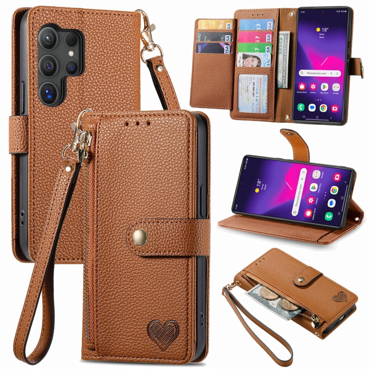 For Samsung Galaxy S24 Ultra 5G Love Zipper Lanyard Leather Phone Case(Brown) - Galaxy S24 Ultra 5G Cases by PMC Jewellery | Online Shopping South Africa | PMC Jewellery | Buy Now Pay Later Mobicred