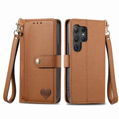 For Samsung Galaxy S24 Ultra 5G Love Zipper Lanyard Leather Phone Case(Brown) - Galaxy S24 Ultra 5G Cases by PMC Jewellery | Online Shopping South Africa | PMC Jewellery | Buy Now Pay Later Mobicred