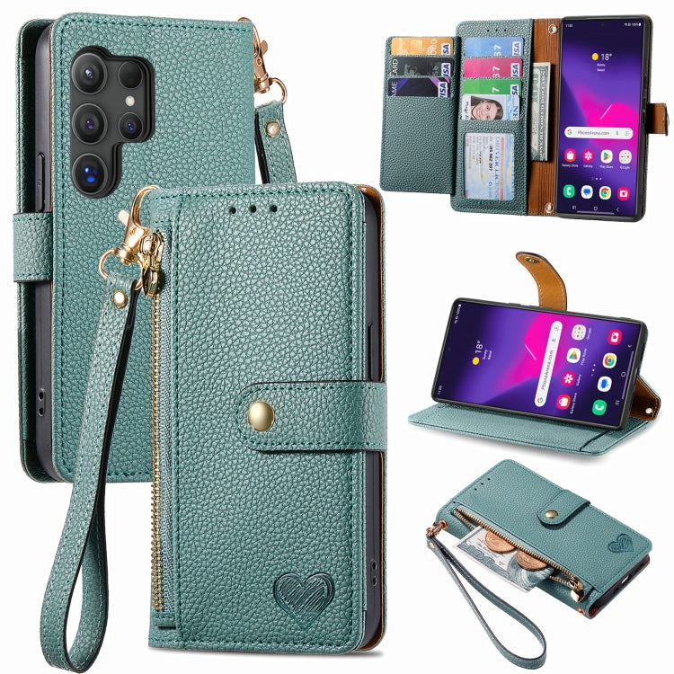 For Samsung Galaxy S24 Ultra 5G Love Zipper Lanyard Leather Phone Case(Green) - Galaxy S24 Ultra 5G Cases by PMC Jewellery | Online Shopping South Africa | PMC Jewellery | Buy Now Pay Later Mobicred