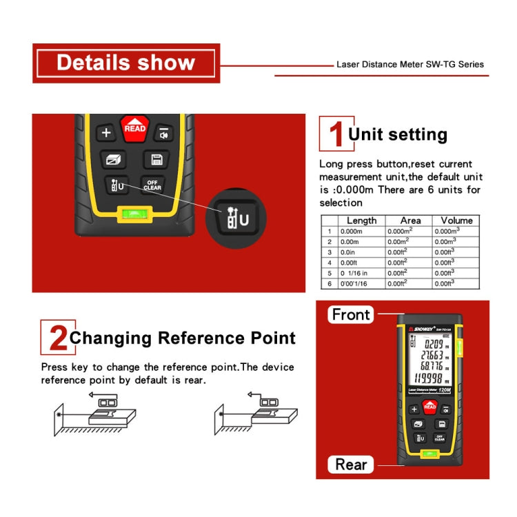 SNDWAY Double Horizontal bubble Rangefinder Laser Distance Meter Range Hand Tool Device SW- TG100 - Laser Rangefinder by SNDWAY | Online Shopping South Africa | PMC Jewellery | Buy Now Pay Later Mobicred