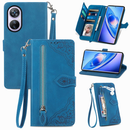 For Blackview A200 Pro Embossed Flower Zipper Leather Phone Case(Blue) - More Brand by PMC Jewellery | Online Shopping South Africa | PMC Jewellery