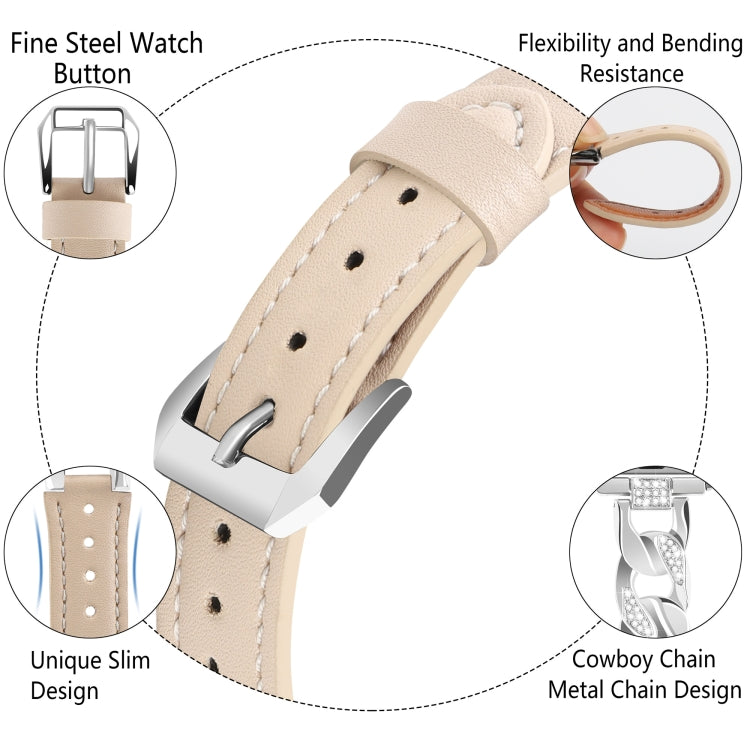 For Apple Watch Series 7 41mm Rhinestone Denim Chain Leather Watch Band(Apricot) - Watch Bands by PMC Jewellery | Online Shopping South Africa | PMC Jewellery