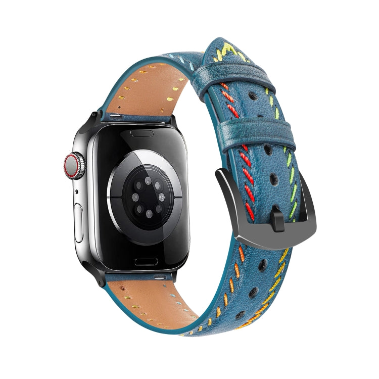 For Apple Watch Ultra 49mm Colorful Sewing Thread Leather Watch Band(Blue) - Watch Bands by PMC TechLife | Online Shopping South Africa | PMC TechLife
